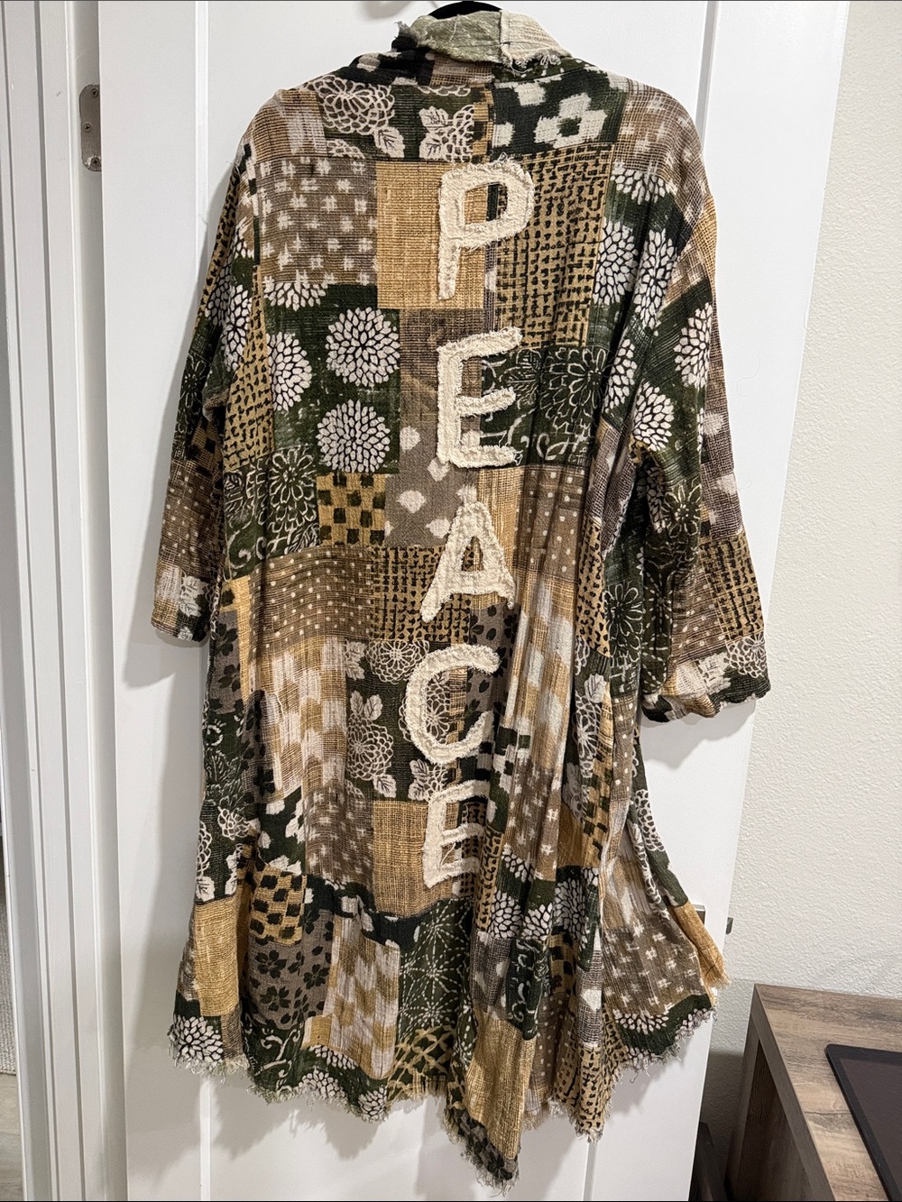 Peace Patchwork Tunic Top - Olive, Tan & Cream